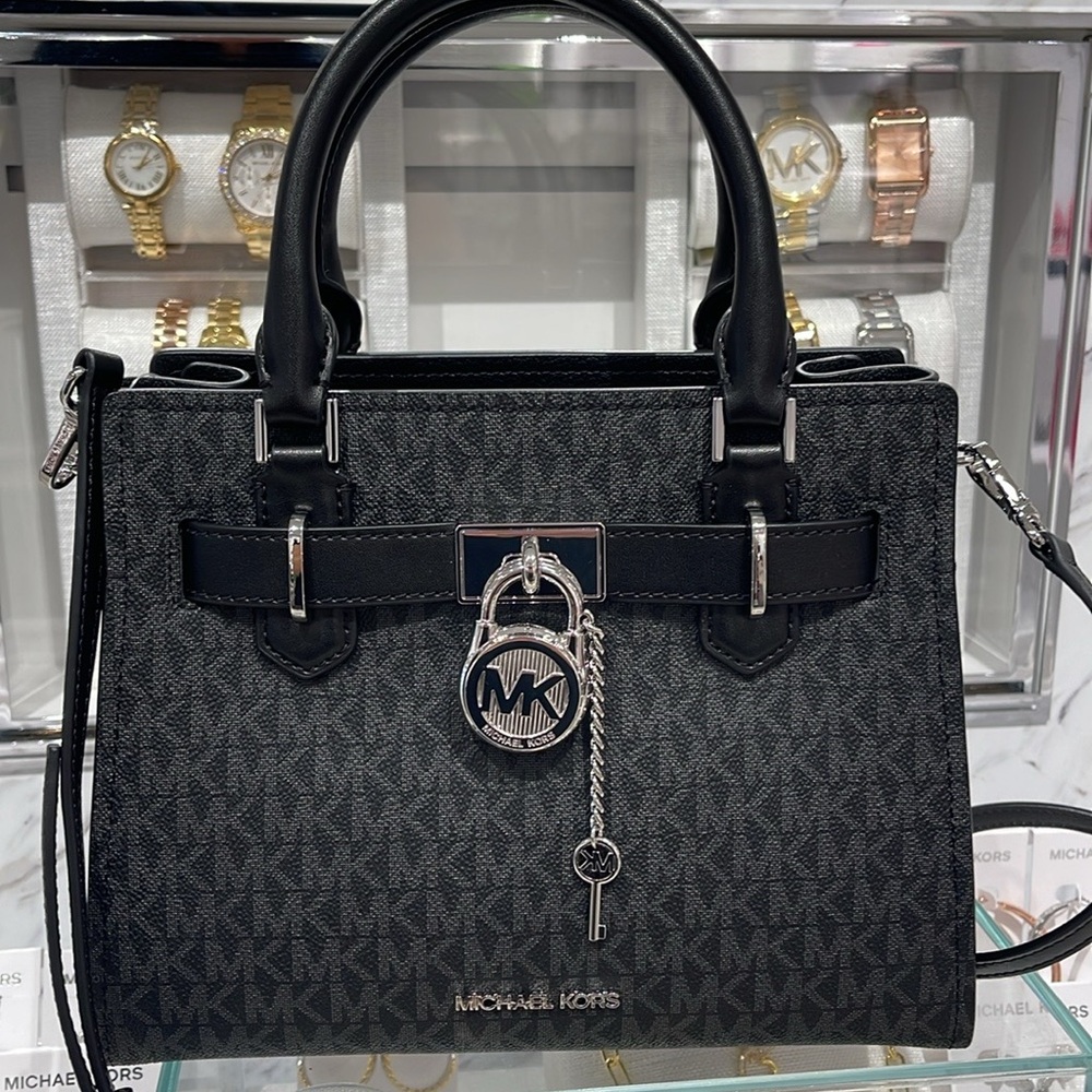 Michael Kors Hamilton Small Signature Logo Satchel Crossbody Bag
Black /Silver - Picture 2 of 16